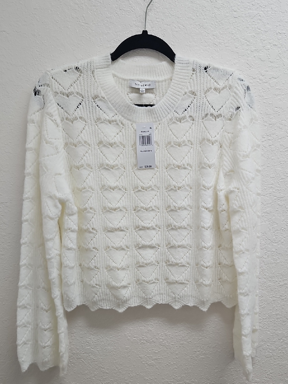 Hooked Up by IOT White Heart-Pattern Eyelet Sweater NWT Sz L
